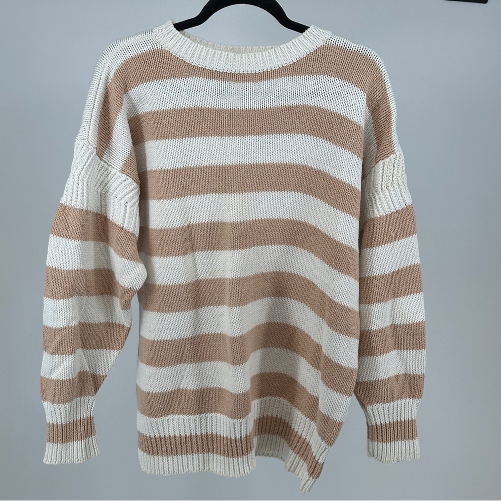 Vintage 80’s GAP Women's Medium Striped Crew Neck Sweater - White Tan Cotton